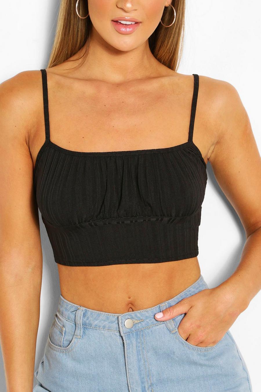 Black Rib Ruched Bust Strappy Crop Top image number 1
