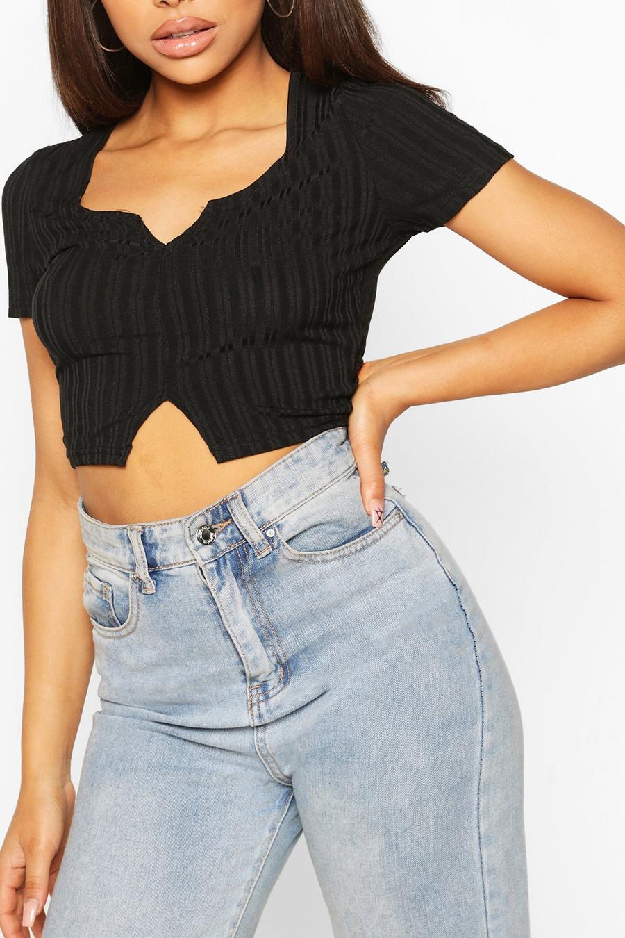 Black Rib Notch Front Crop Top image number 1