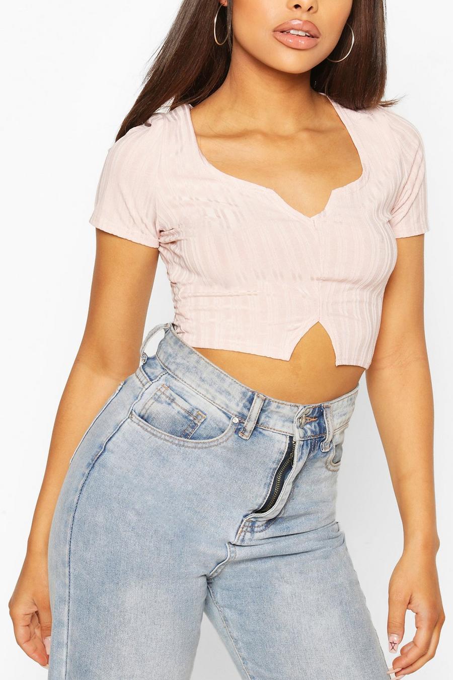 Pink Ribbad crop top med V-sprund image number 1