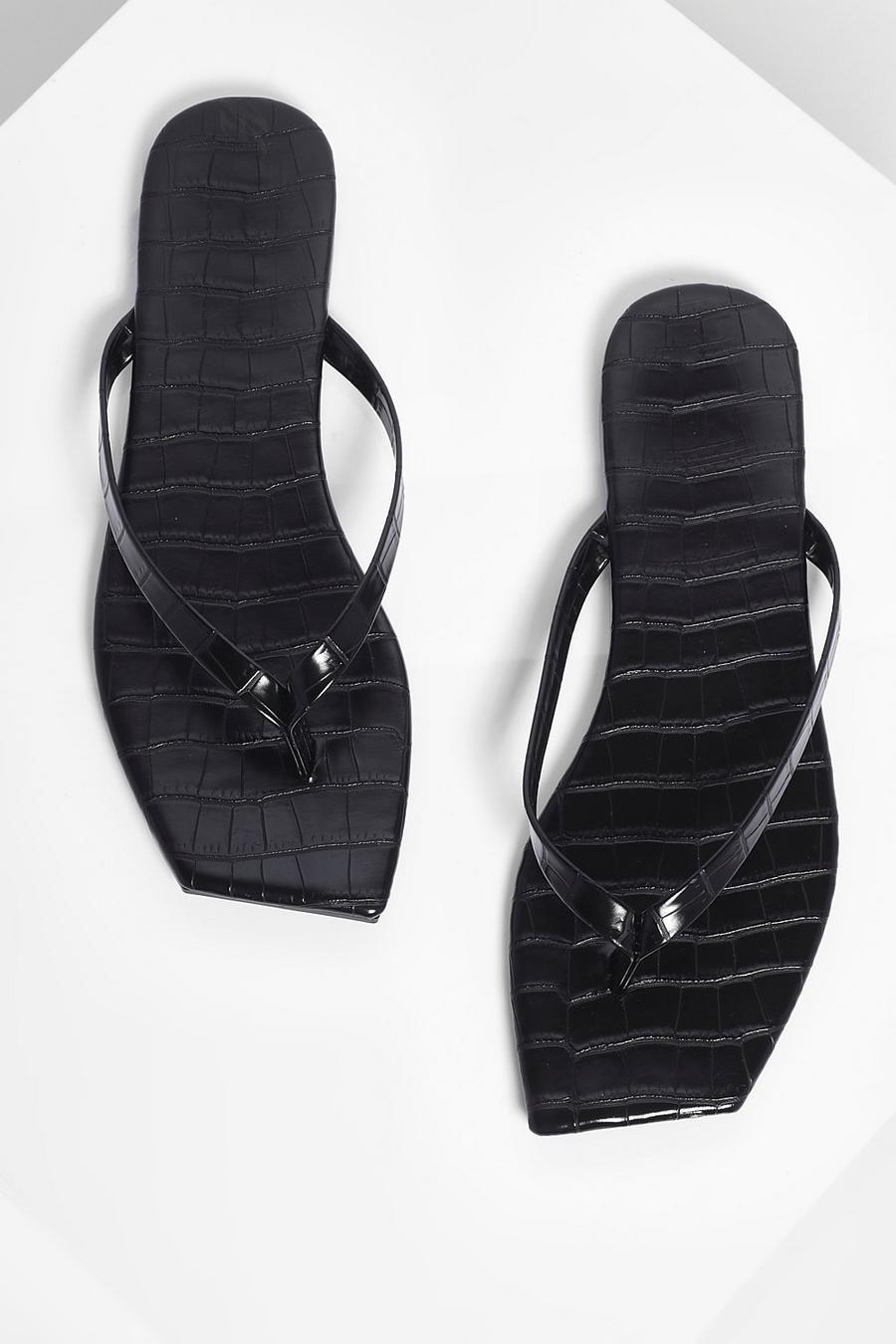 Black Flip-flops med krokodilskinnseffekt och fyrkantig tå image number 1