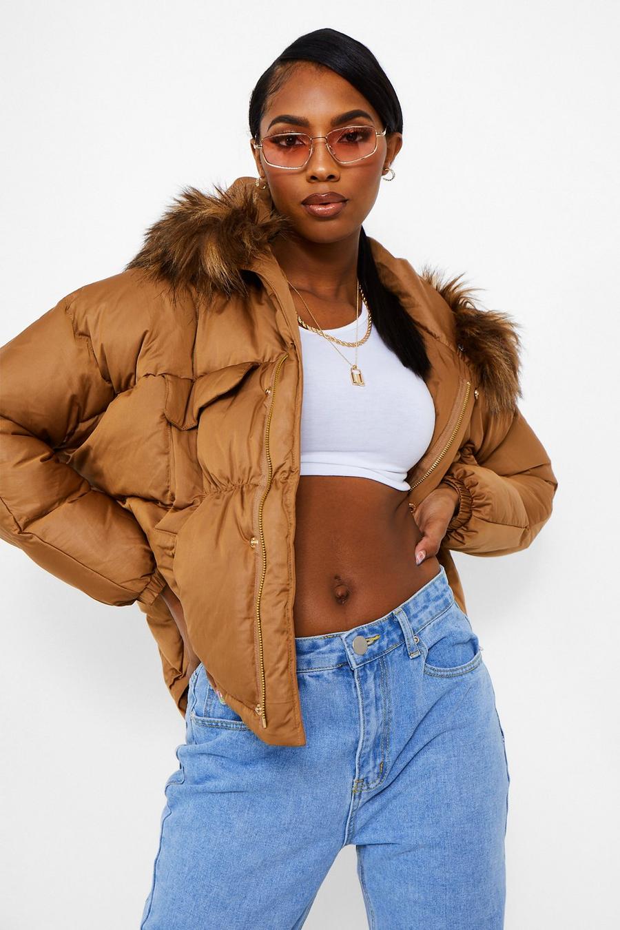 Toffee Coated Satin Faux Fur Trim Puffer Jacket image number 1