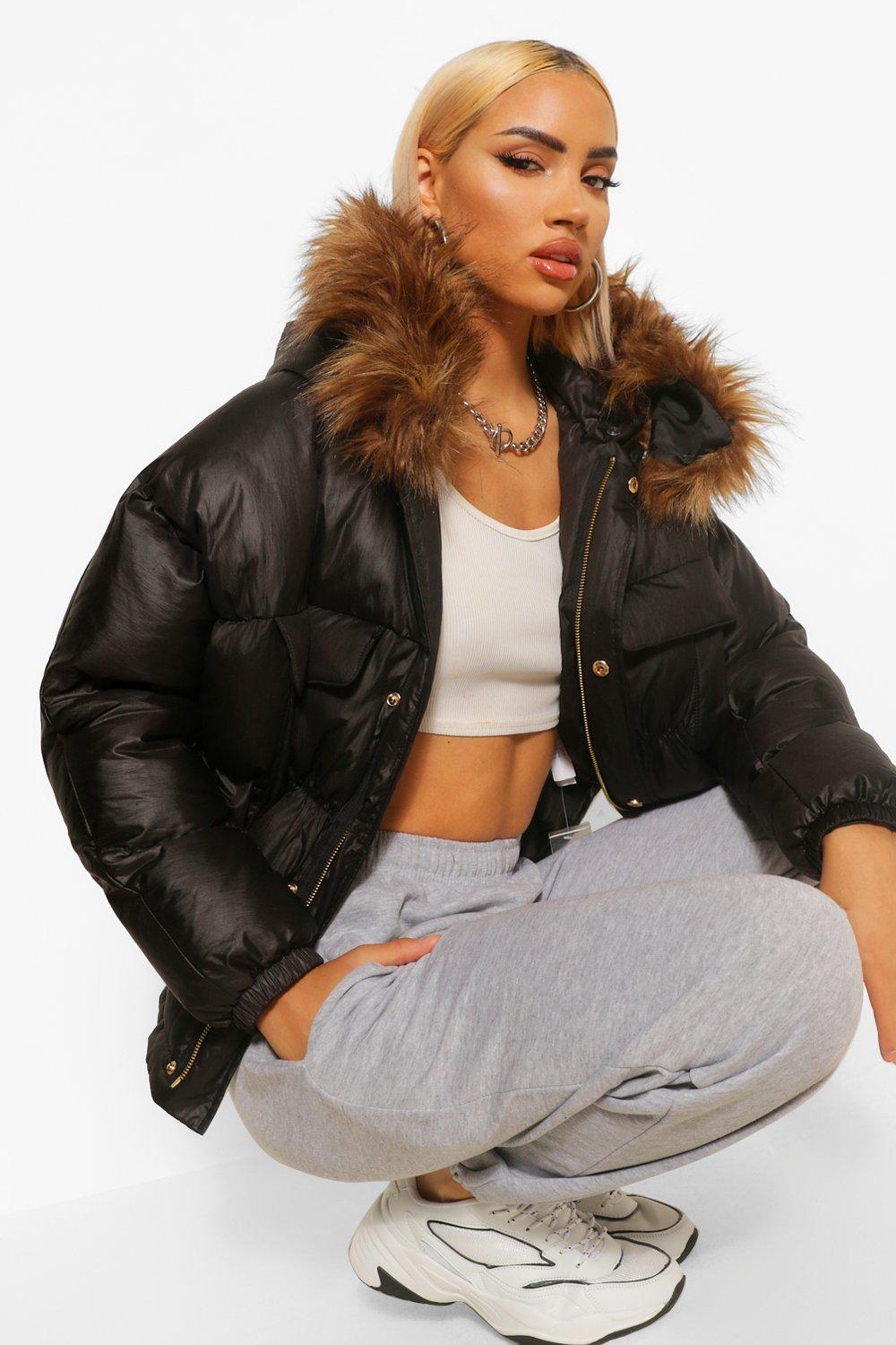 Satin and faux fur puffer jacket hot sale