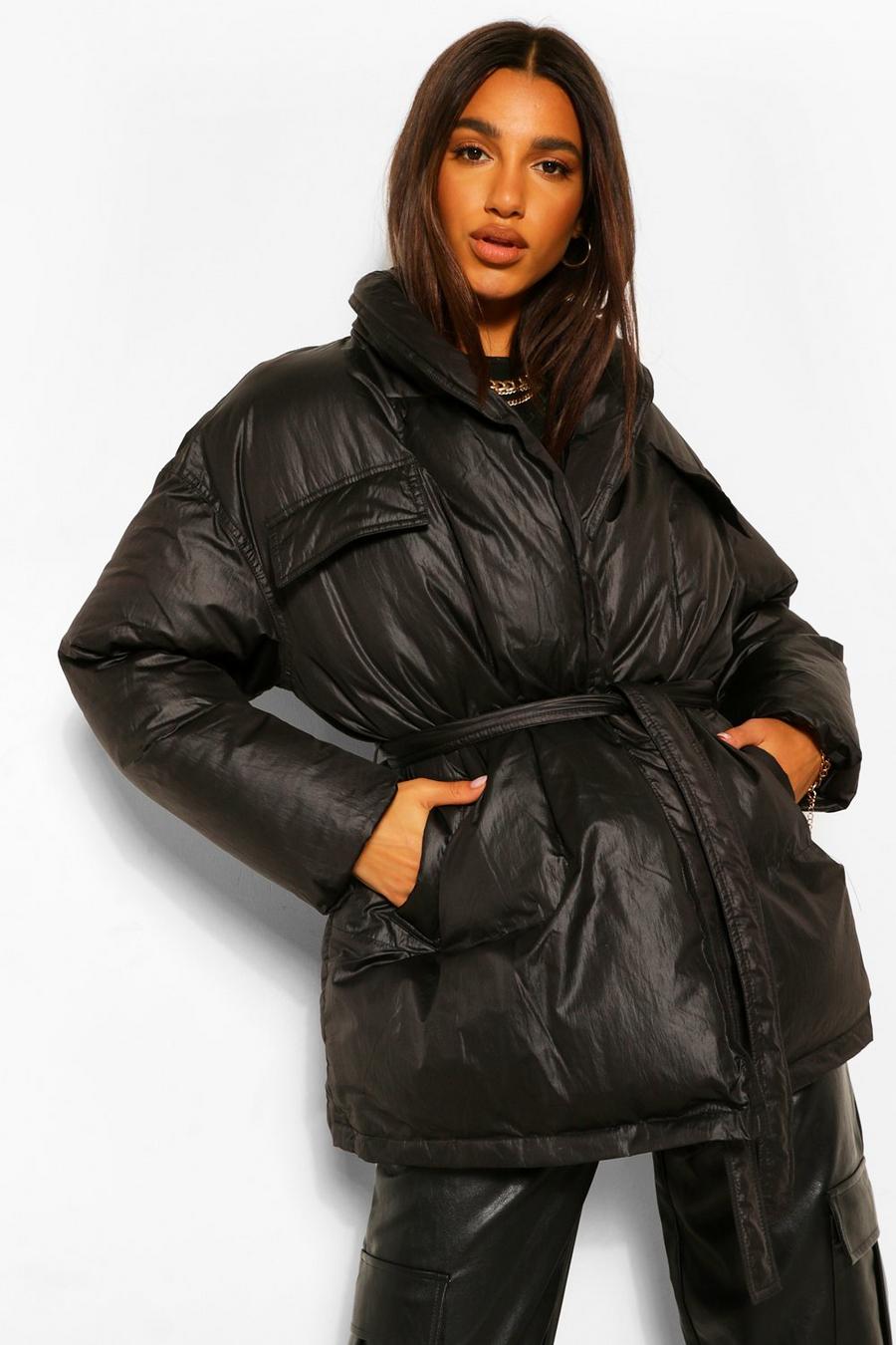 Black Coated Satin Wrap Detail Belted Puffer Jacket image number 1