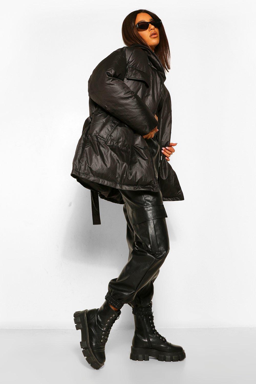 Boohoo belted satin quilted coat sale