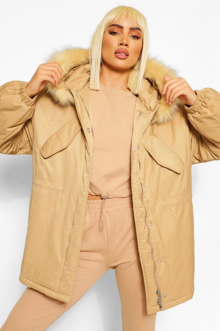 Gold Luxe Monochrome Parka Jas Met Faux Fur Zoom image number 1