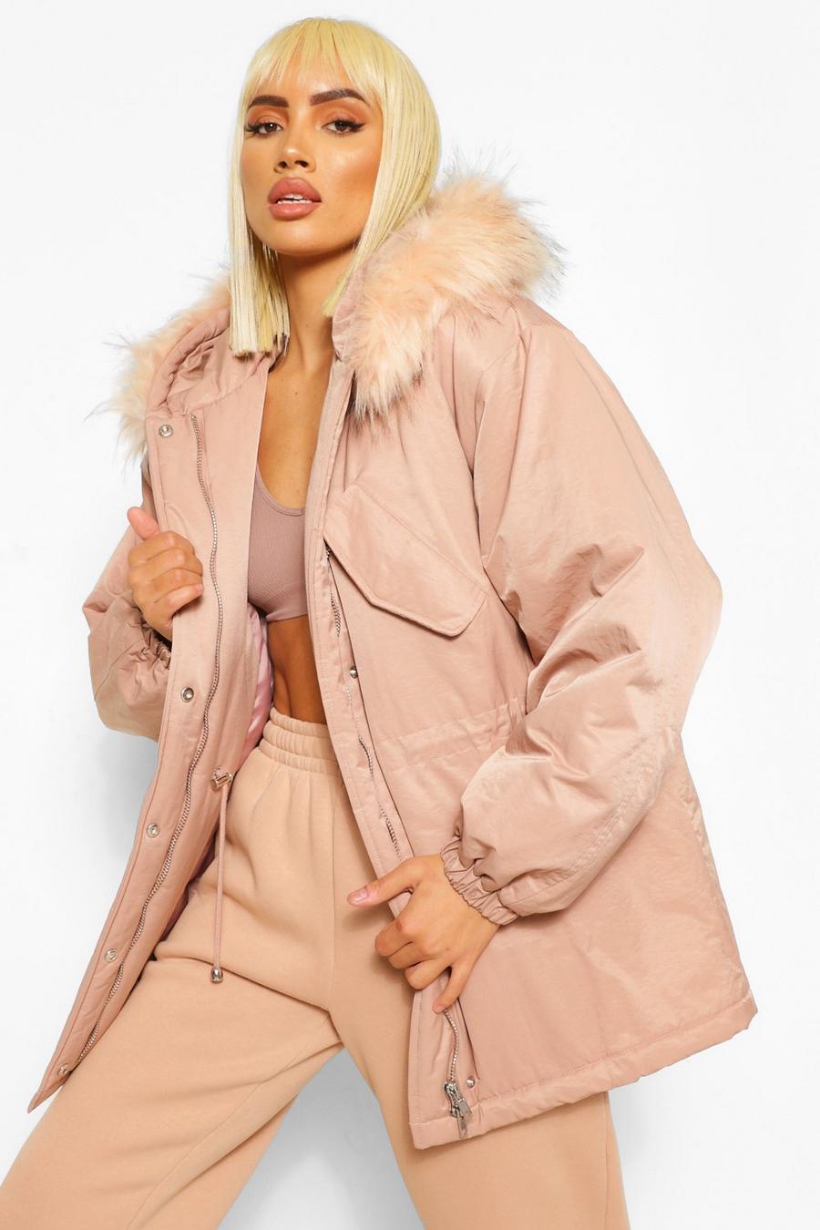 Pink Monochrome Luxe Parka Jas Met Faux Fur Zoom image number 1