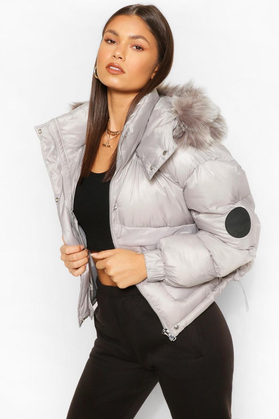 Grey Faux Fur Trim Crop Sporty Puffer image number 1