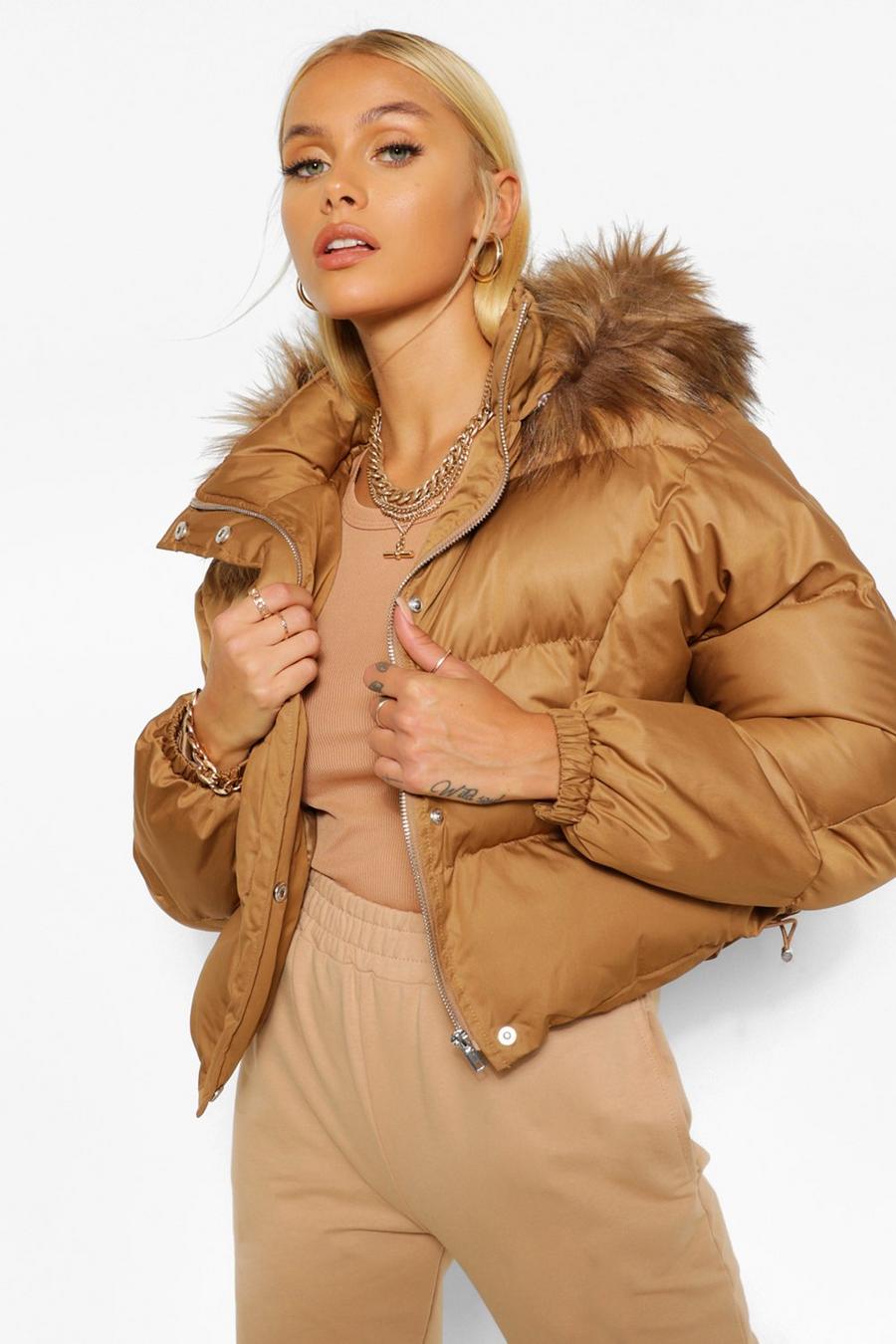 Toffee Faux Fur Trim Coated Satin Puffer Jacket image number 1