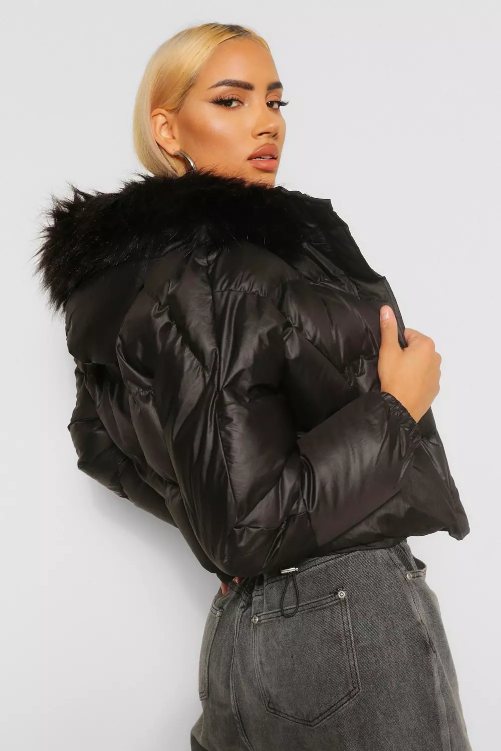 Matte satin faux hot sale fur trim puffer