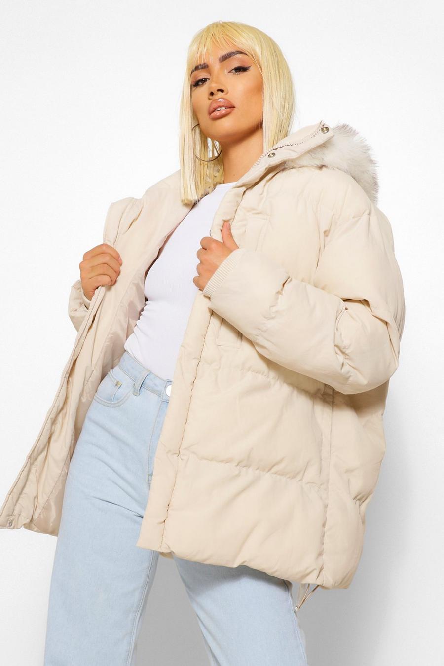 Taupe Faux Fur Trim Pocket Detail Mid Length Puffer image number 1
