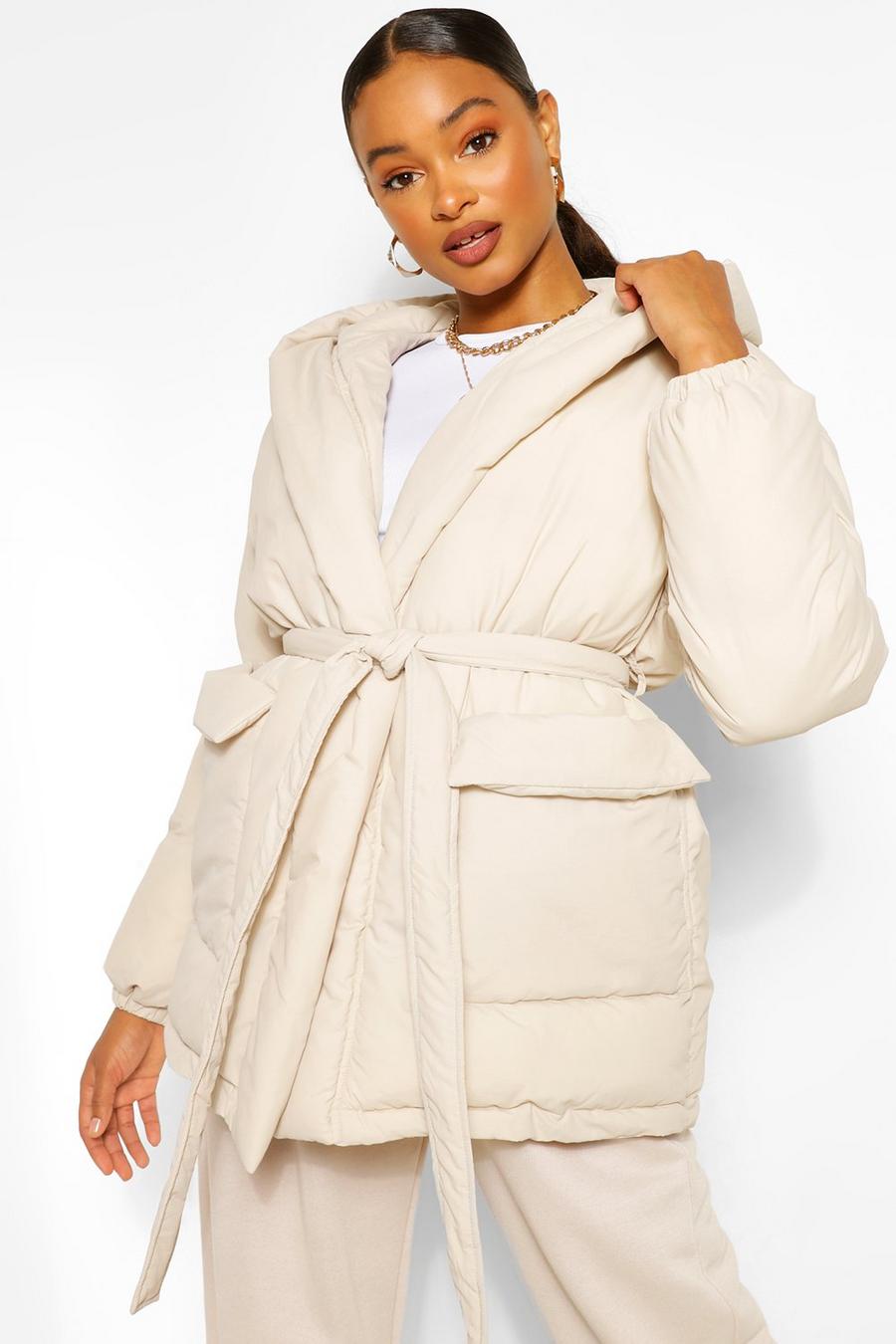 Taupe Wrap Detail Belted Hooded Puffer Jacket image number 1