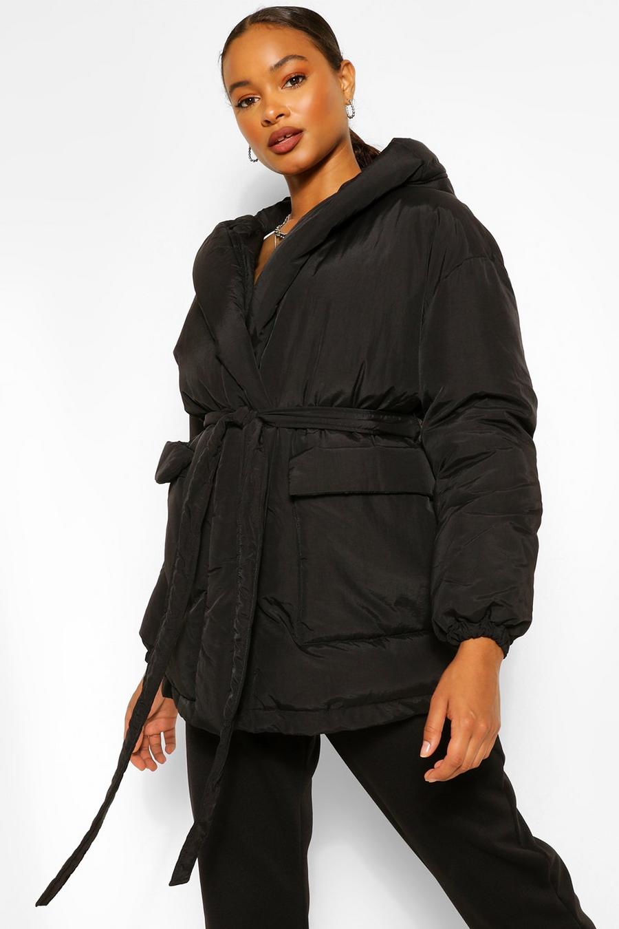 Black Wrap Detail Belted Hooded Puffer image number 1