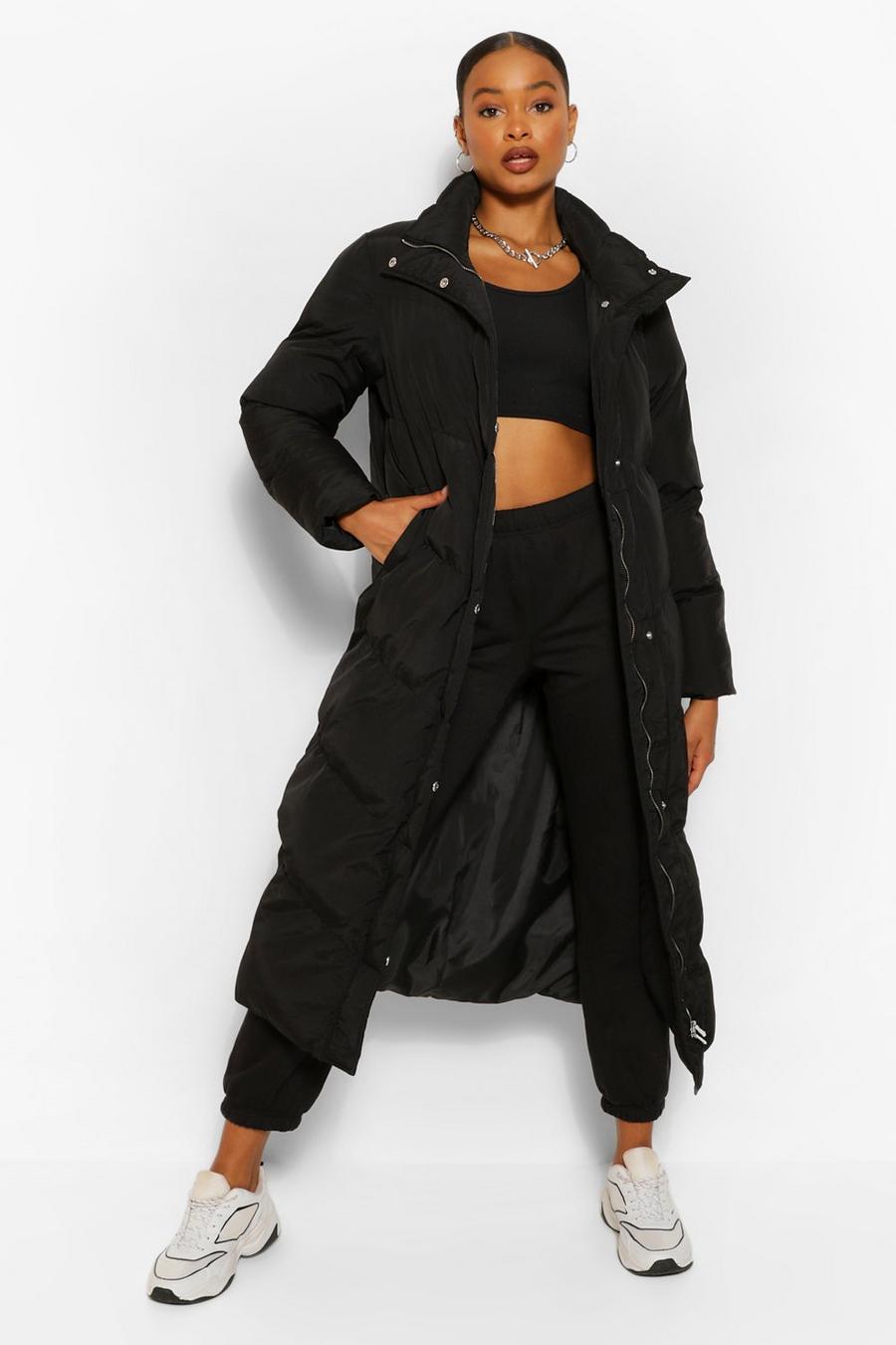 Black Maxi Quilted Funnel Neck Puffer Jacket image number 1