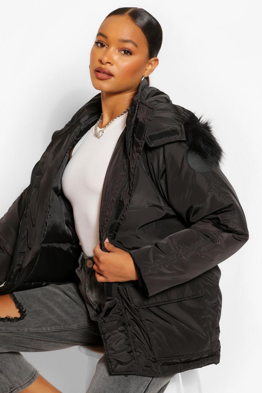 Black Piping Detail Faux Fur Trim Parka image number 1