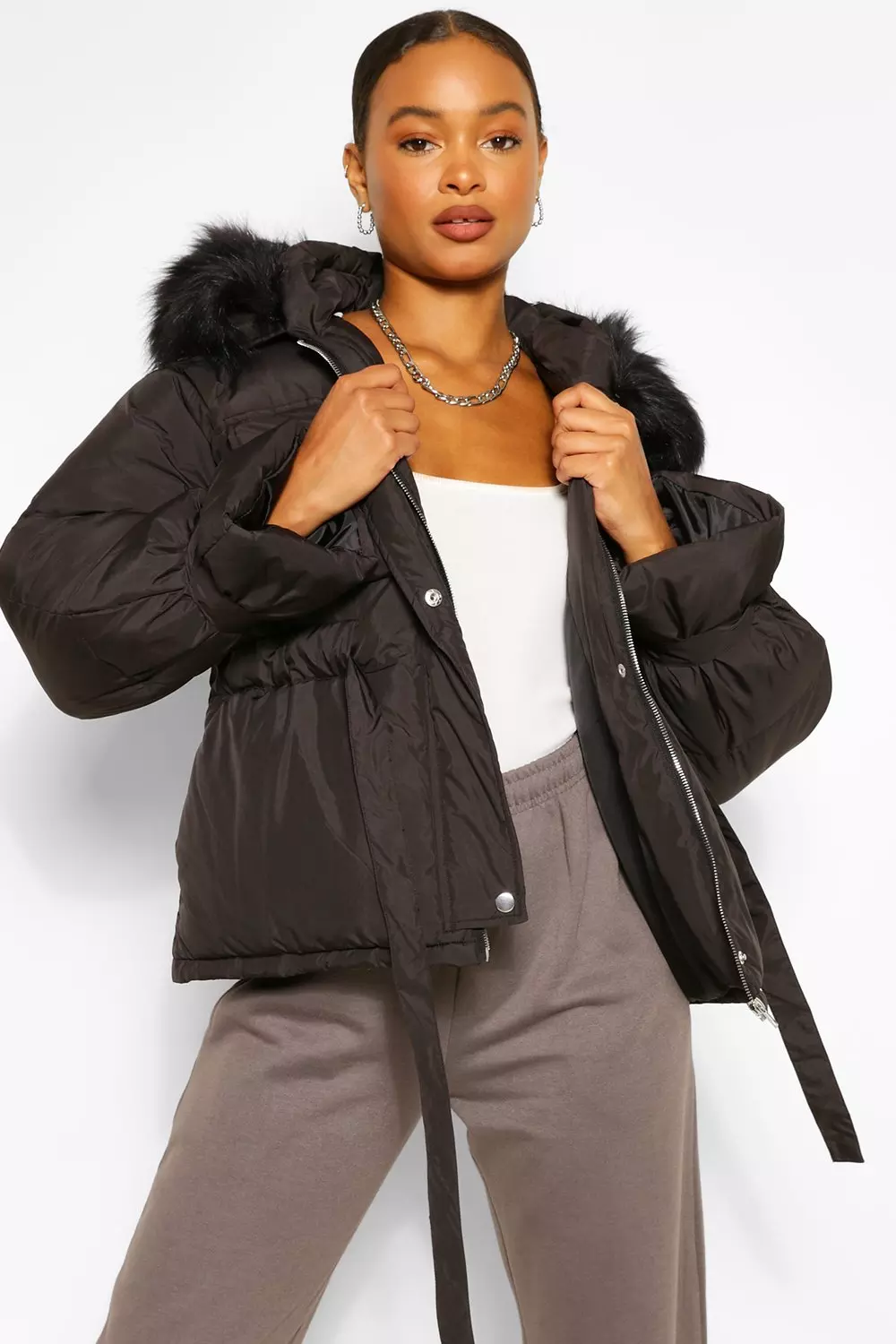 Boohoo padded coat with fur trim and waist hotsell detail in black