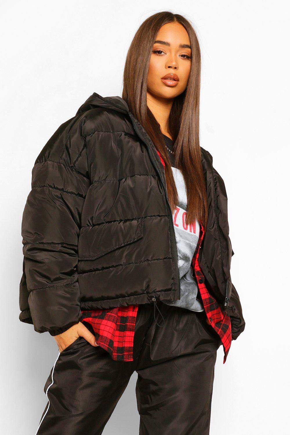 Boohoo crop hooded hot sale puffer jacket in black