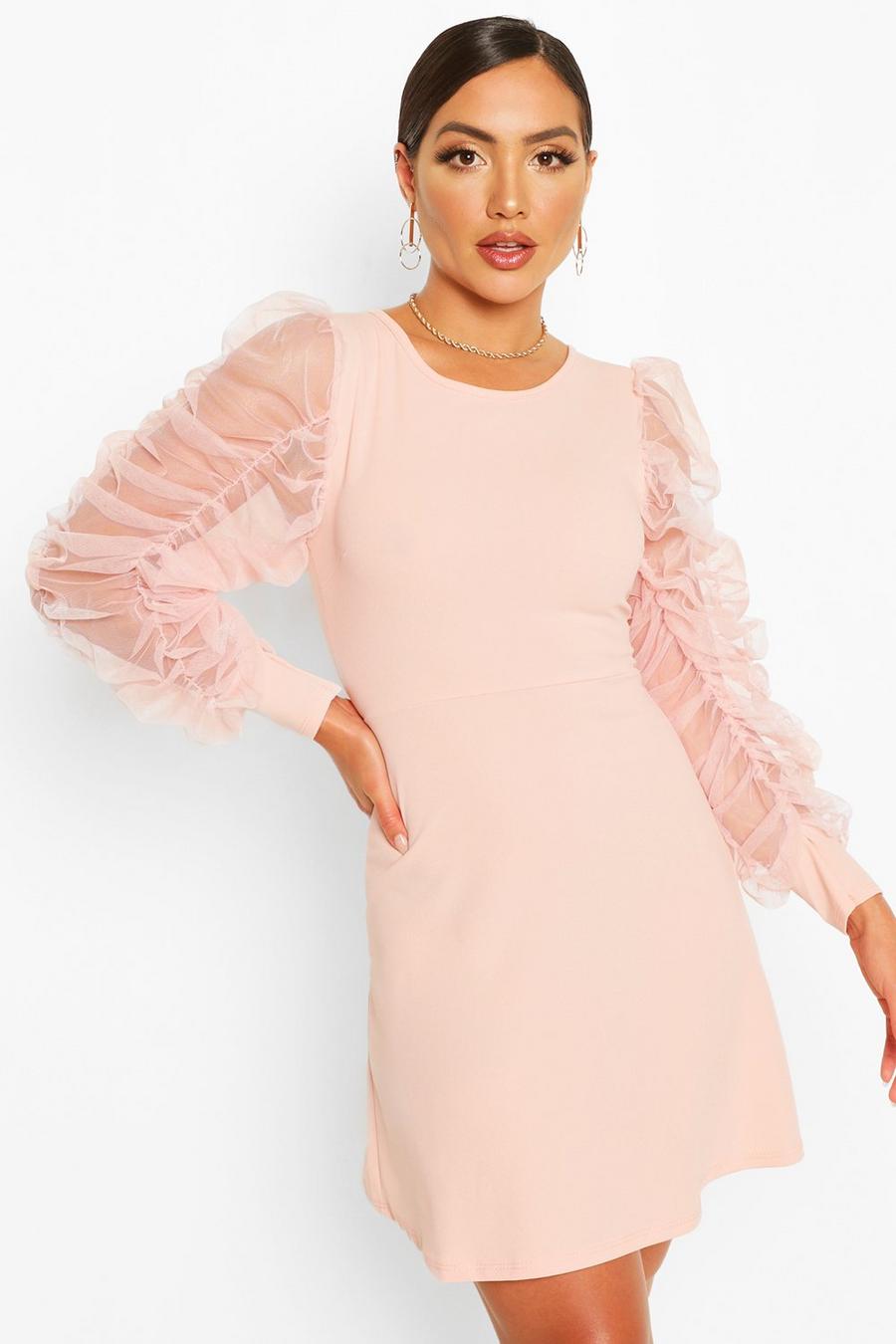 שמלת סקייטר עם שרוולים מבד רשת עם קפלים image number 1