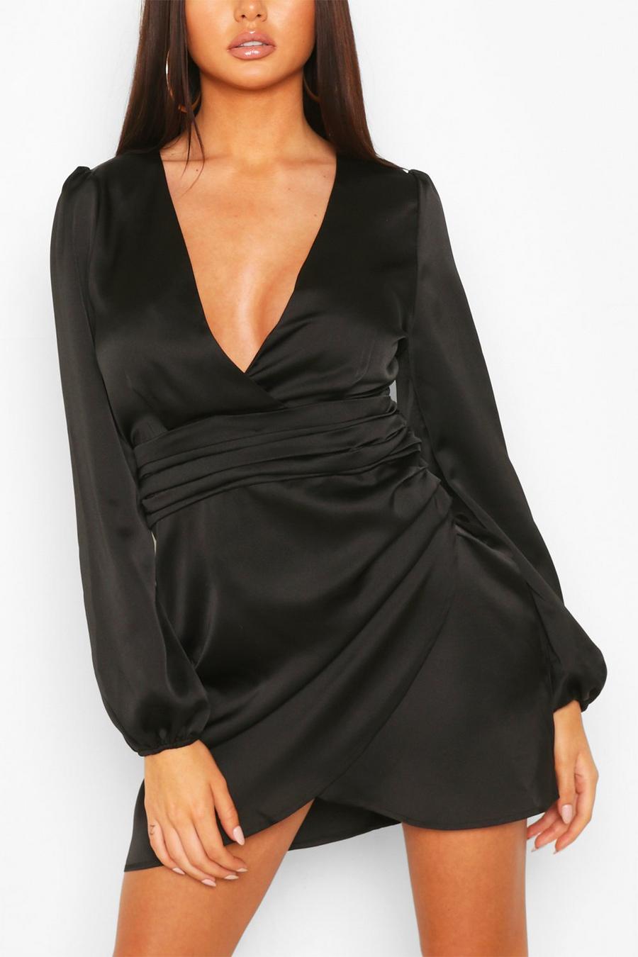שחור שמלת מיני מסאטן עם עיטור מעטפת image number 1