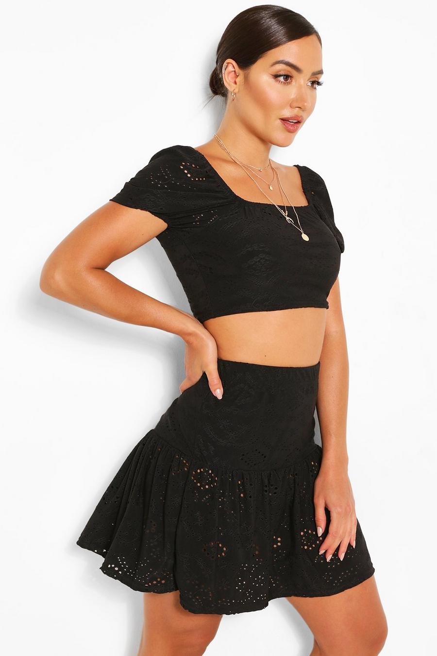 Black Broderie Anglaise Gypsy Top & Skirt Co-ord image number 1