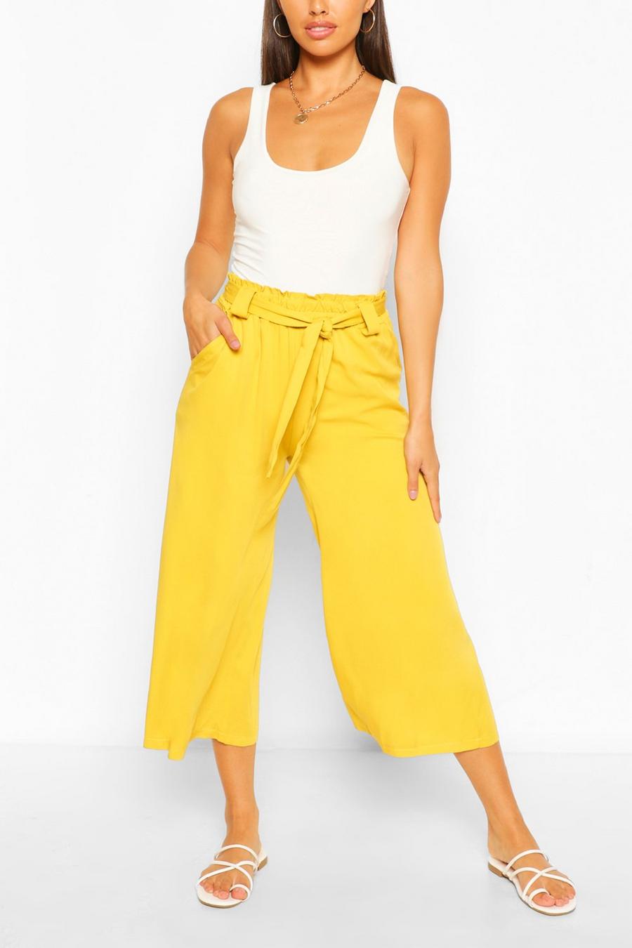 Chartreuse yellow Relaxed Tie Waist Woven Culottes