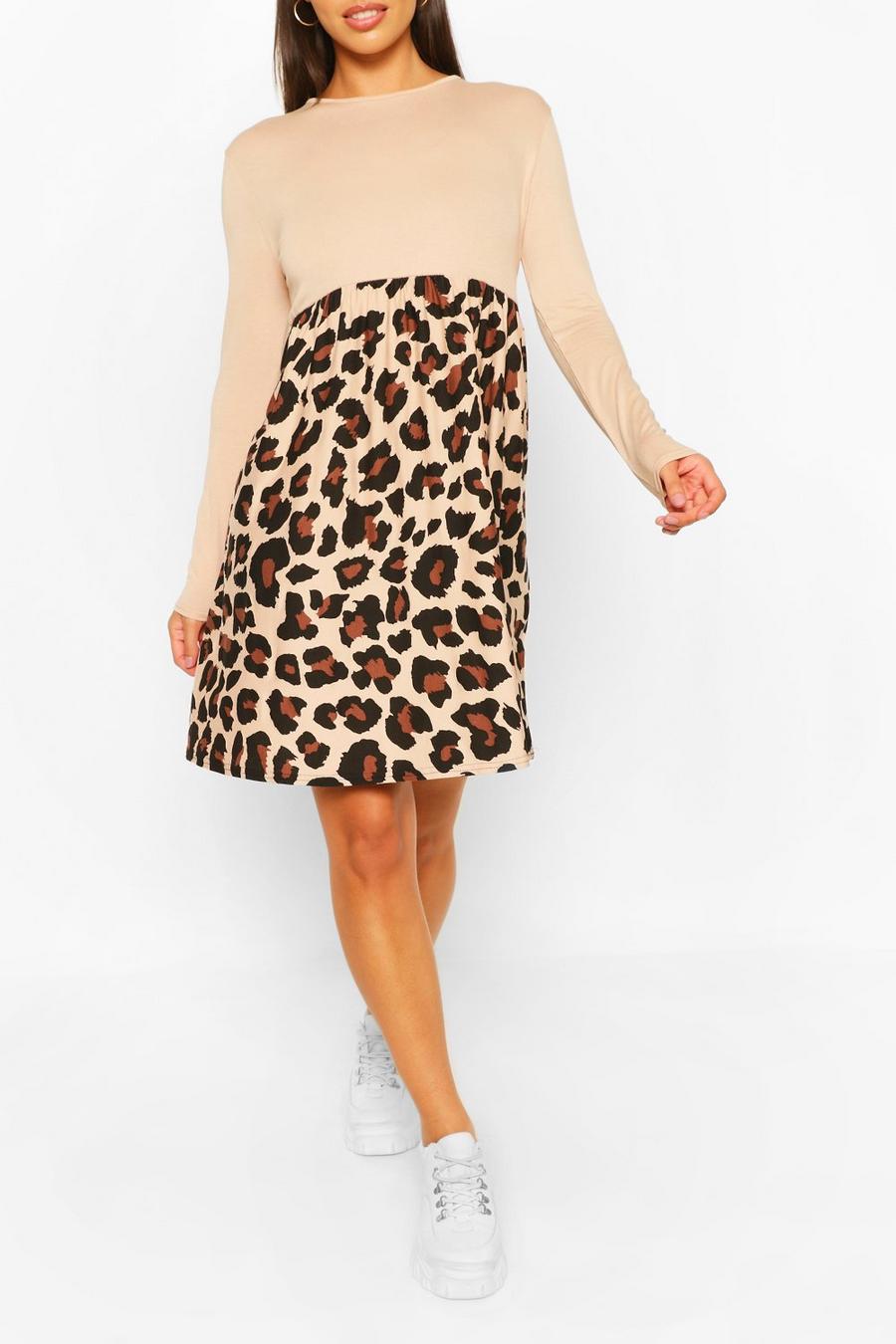 Stone beis Leopard Contrast Sleeve Smock Dress