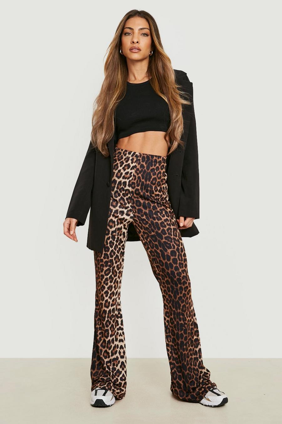 Boohoo Leopard Print Jersey Flare Trouser in Blue Womens Clothing Trousers Slacks and Chinos Full-length trousers 