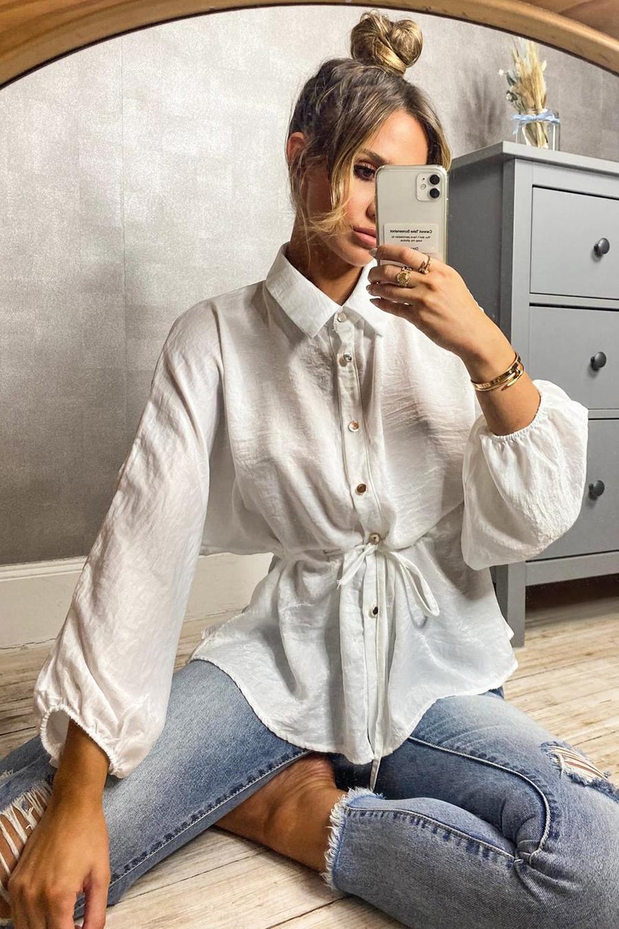 White Hammered Satin Ruched Waist Blouse image number 1
