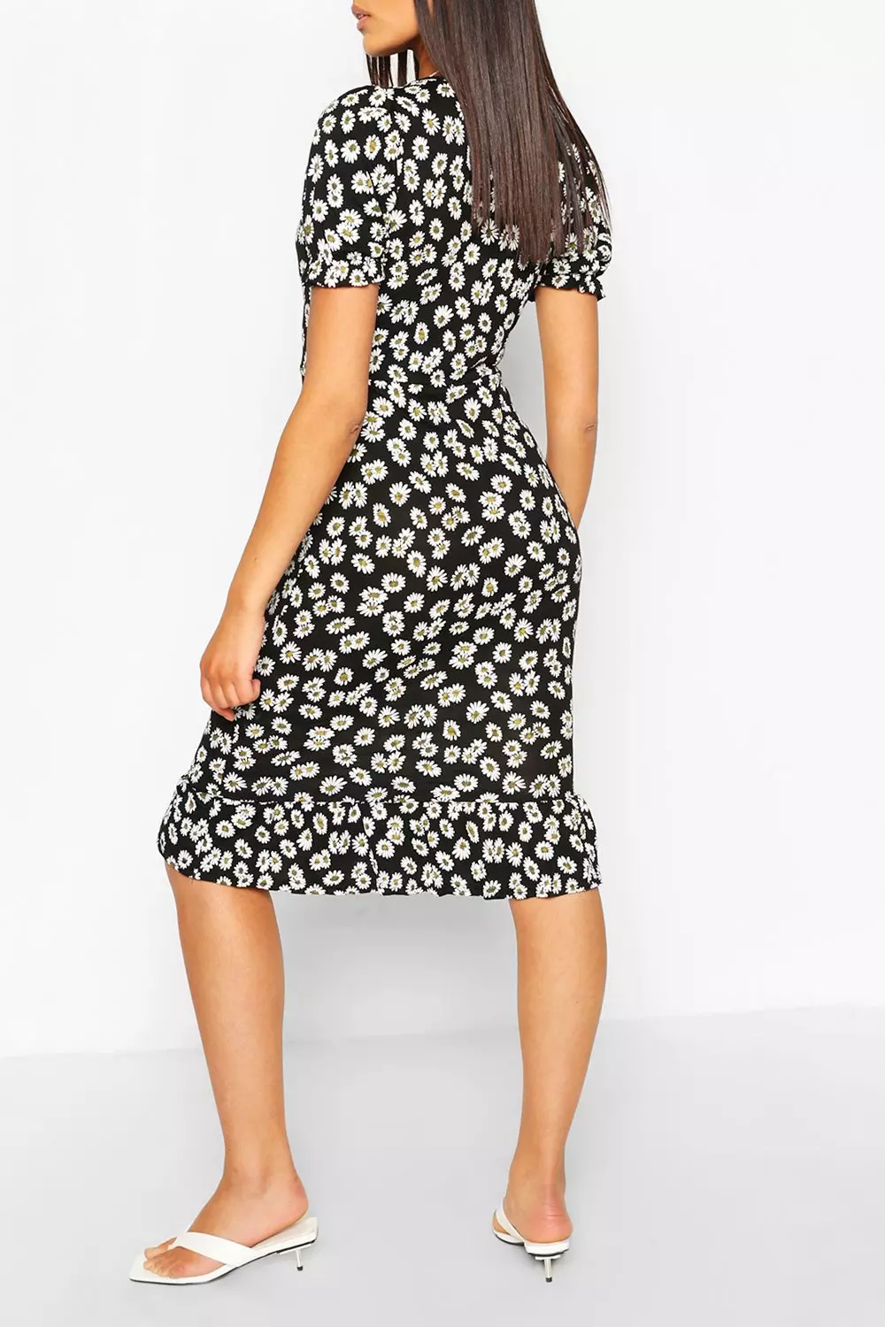 Daisy Print Ruched Frill Hem Midi Dress