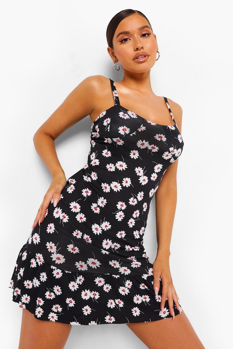 Mini-Kleid mit schmalen Trägern und Rüschensaum, Schwarz image number 1
