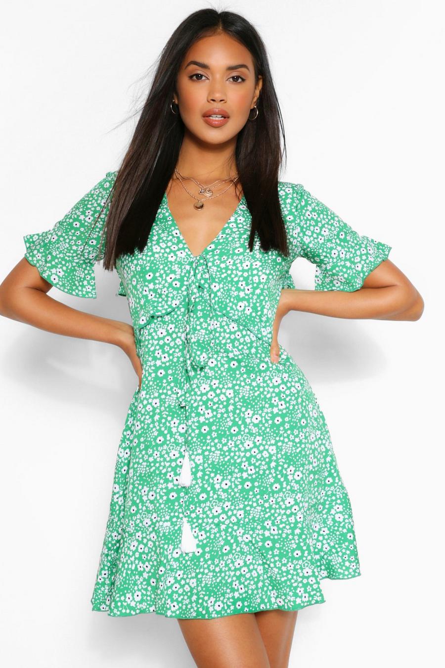 Green grön Ditsy Floral Ruffle Front Tea Dress image number 1