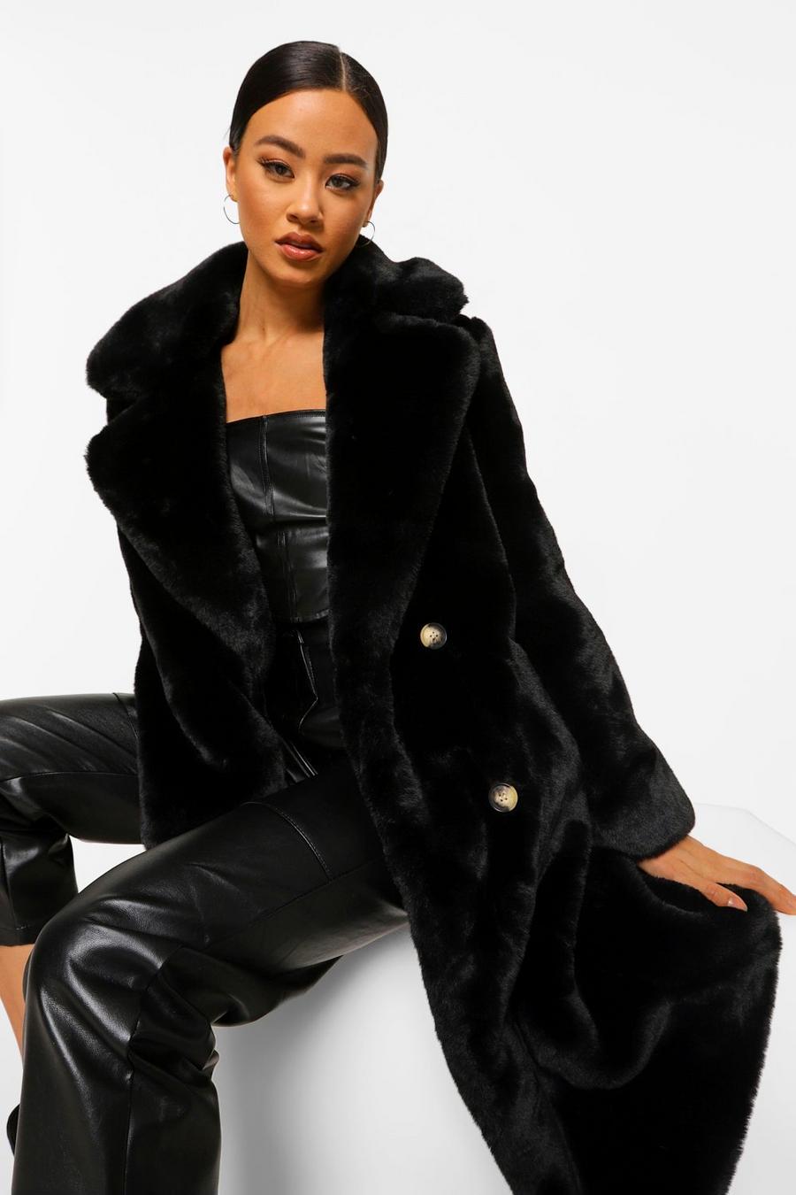 Black Plush Faux Fur Double Breasted Coat image number 1