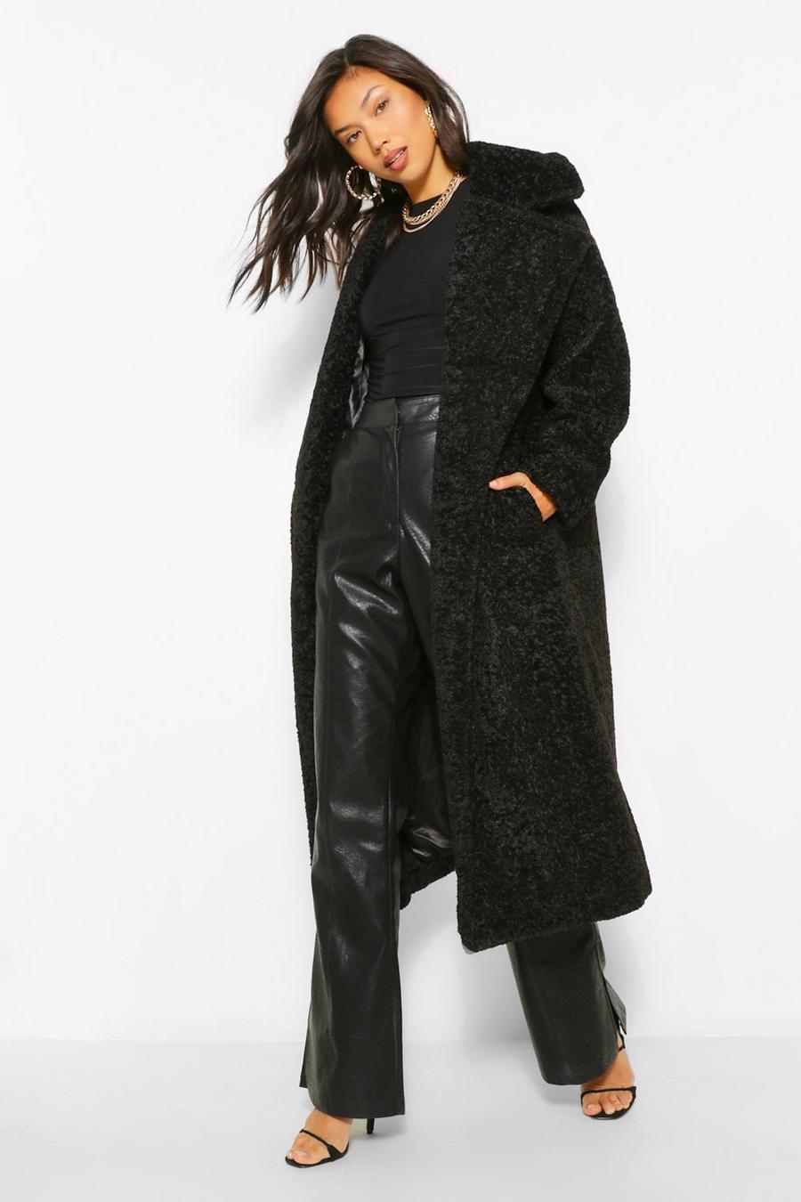 Black Luxe Textured Teddy Faux Fur Oversized Maxi Coat image number 1