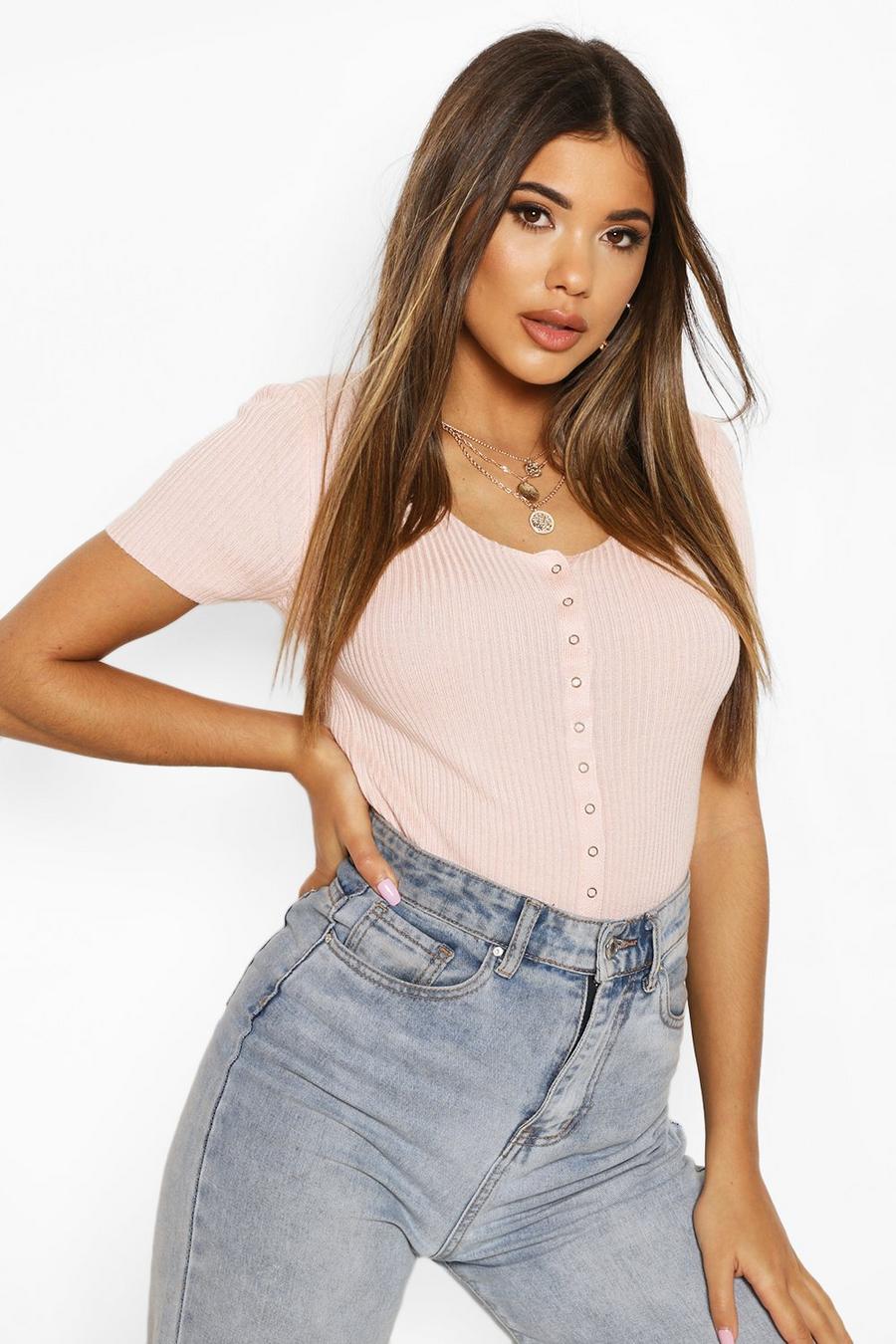 Pink Rib Knit Popper Front Short Sleeve Top image number 1