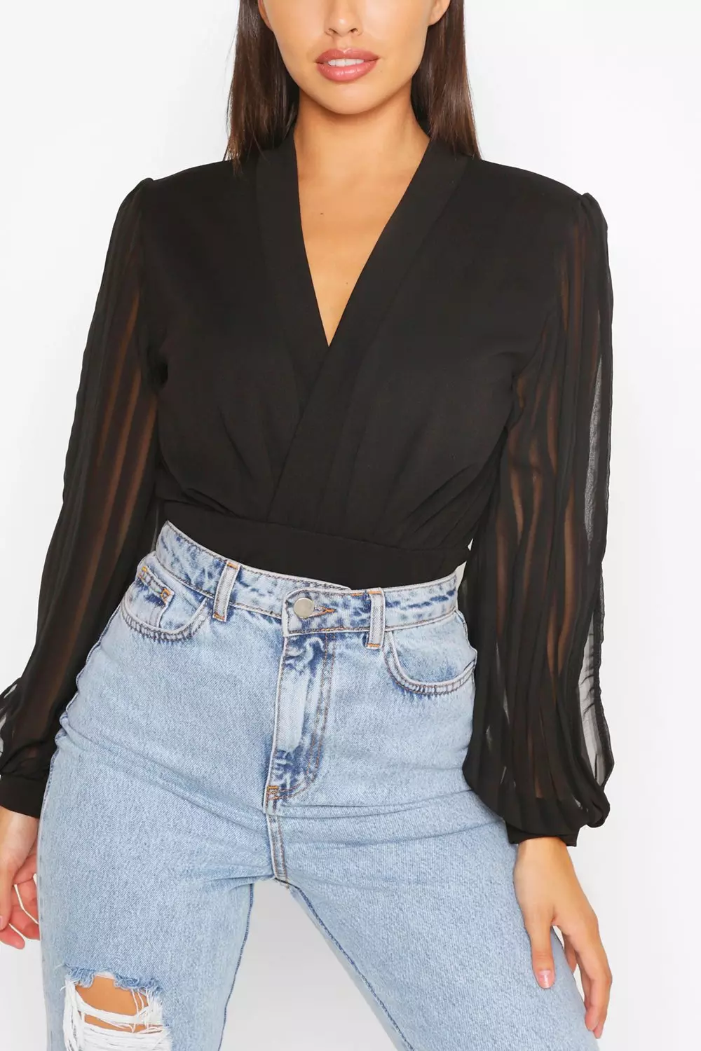 Black Wrap Stripe Chiffon Bodysuit alternative image