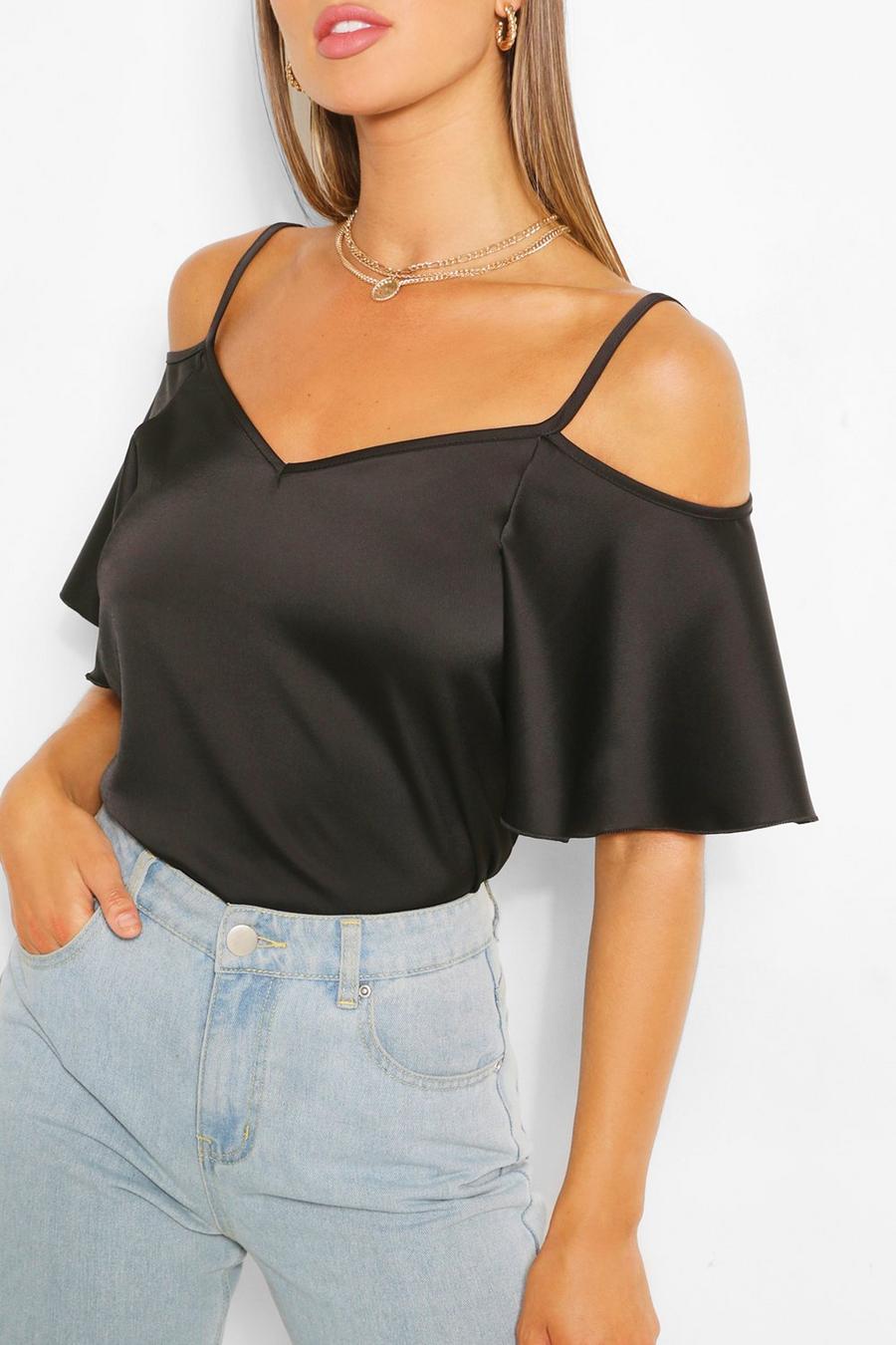 Black Satin Cold Shoulder Cami Top image number 1