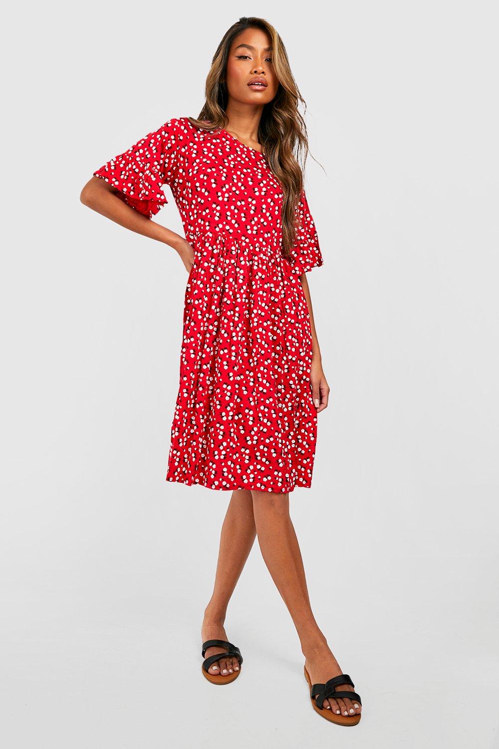 Boohoo midi wrap dress in red shop ditsy floral