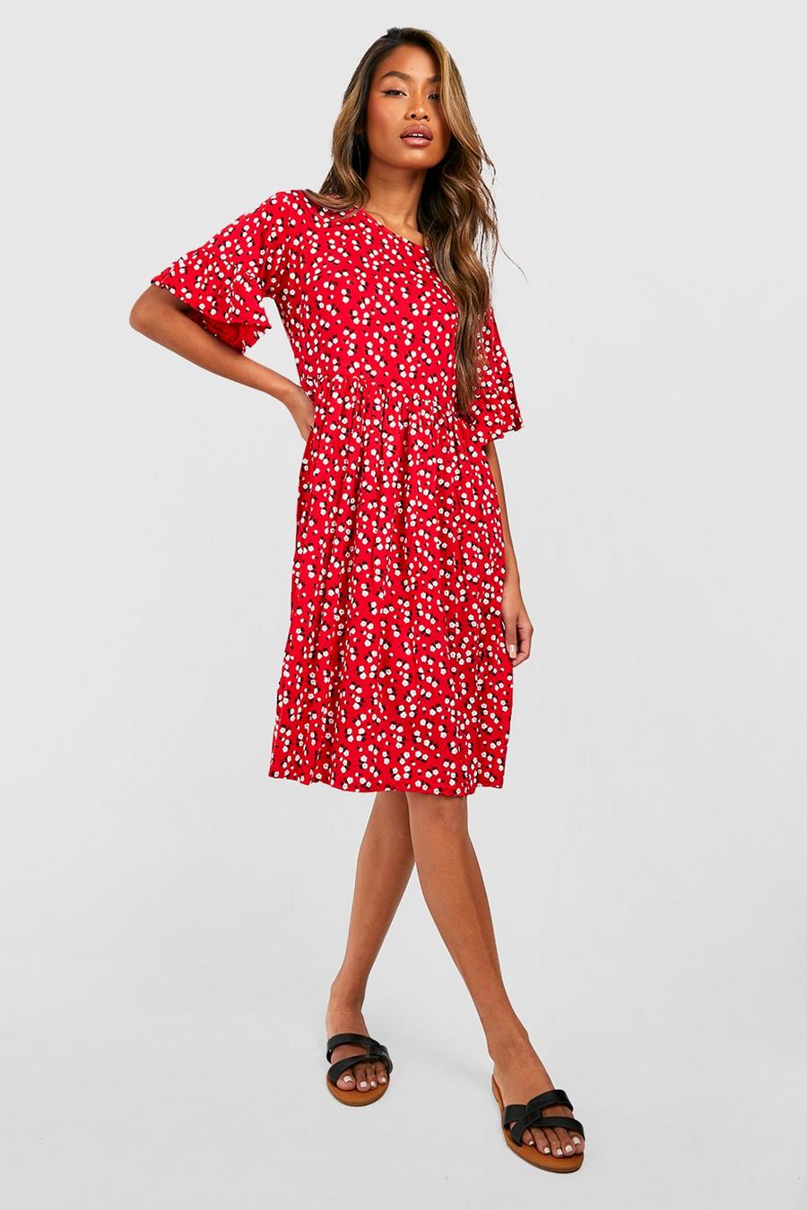 Red Ditsy Floral Smock Dress