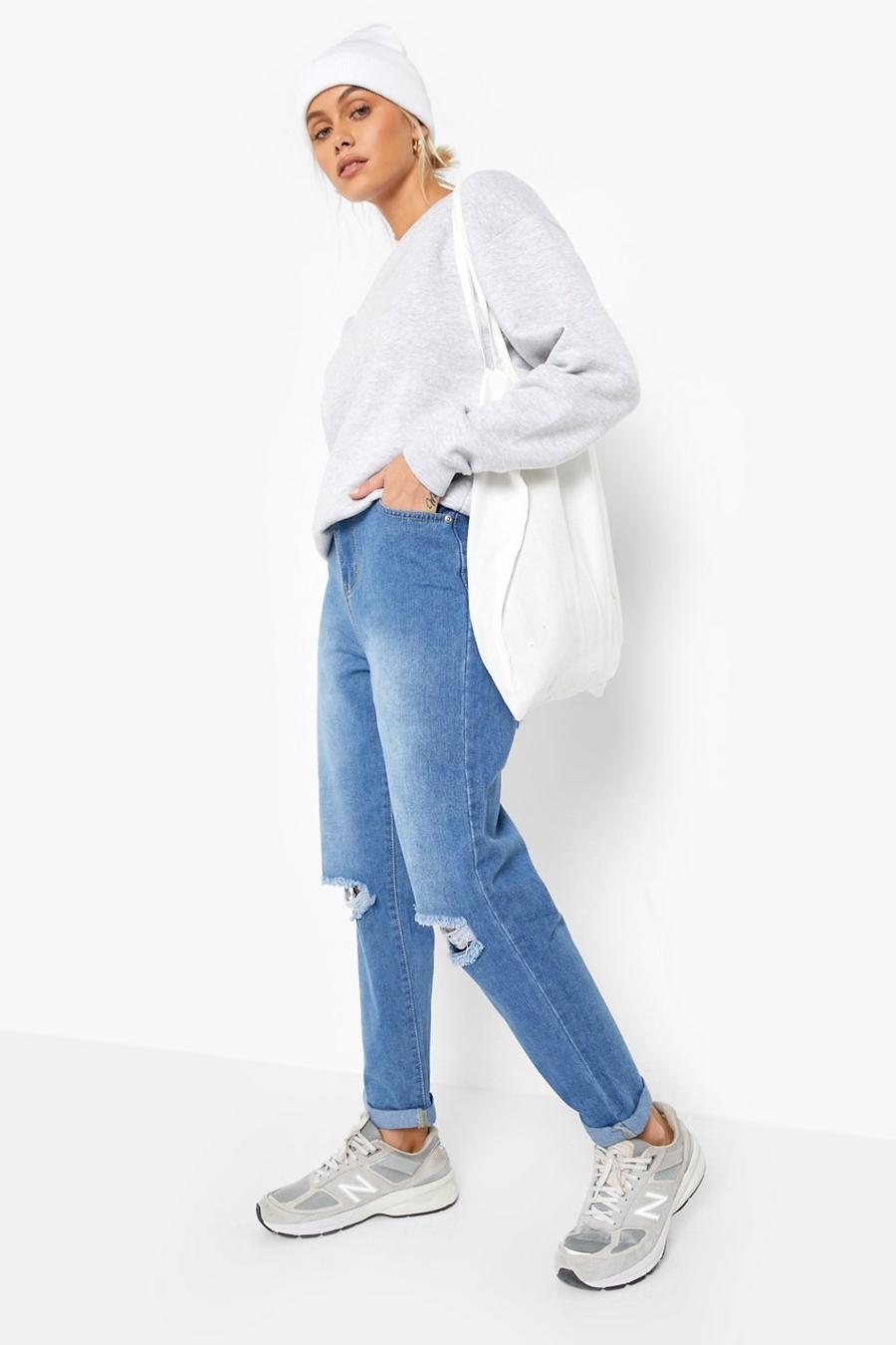 Light blue Basics High Waisted Ripped Mom Jeans image number 1
