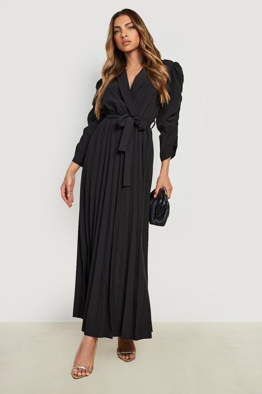 Black Puff Sleeve Pleated Skirt Midi Dress image number 1