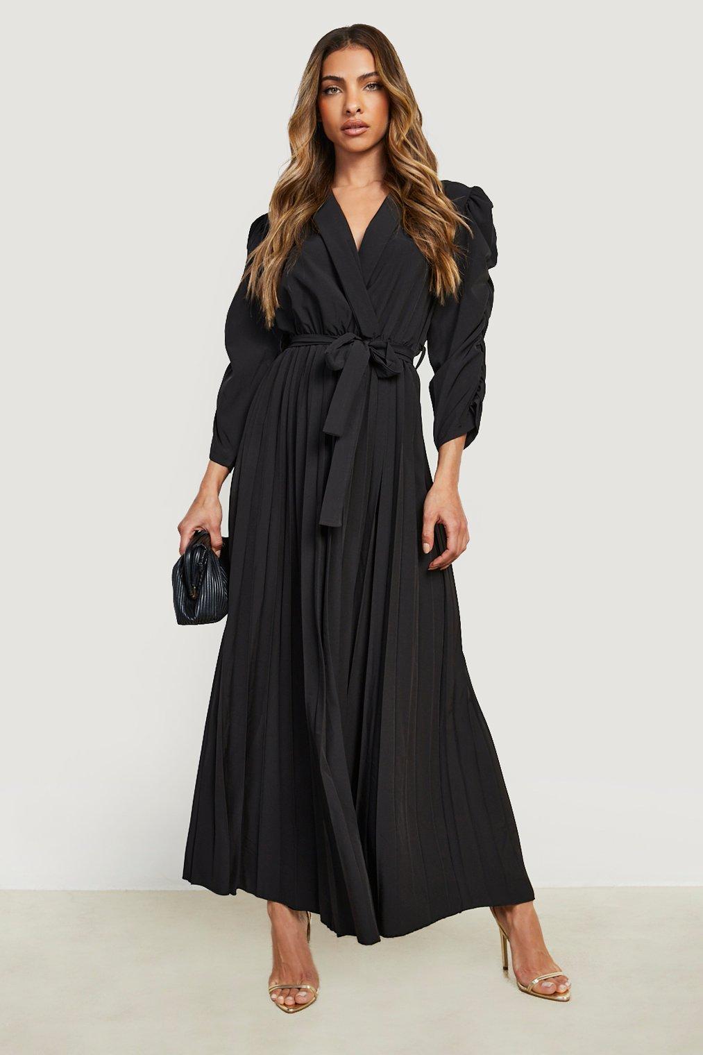 Puff Sleeve Pleated Skirt Midi Dress