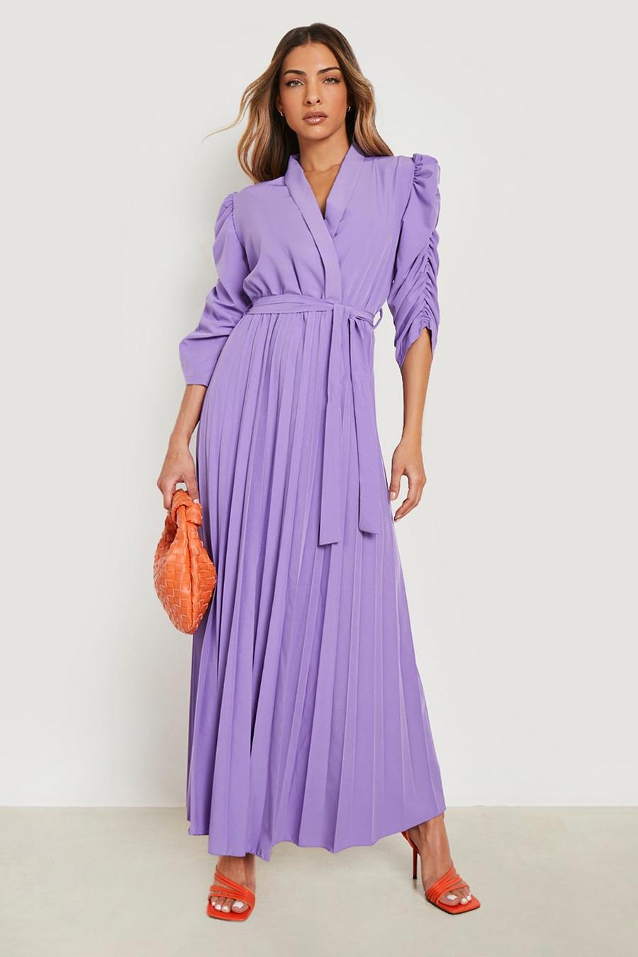 Lilac viola Puff Sleeve Pleated Skirt Midi Dress