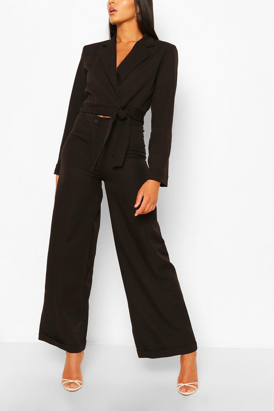 Black Turn Up Wide Leg Tailored Trousers image number 1