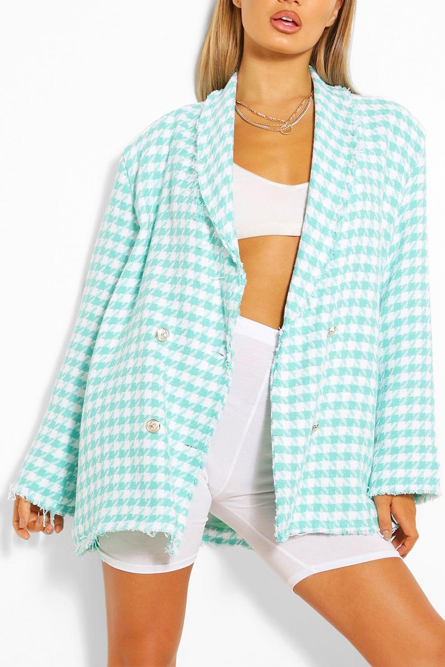 Aqua Dogtooth Woven Double Breasted Boxy Blazer image number 1