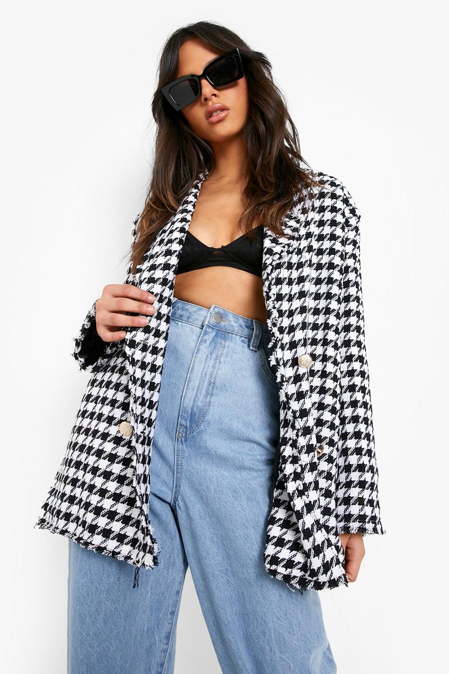 Black Dogtooth Woven Double Breasted Boxy Blazer