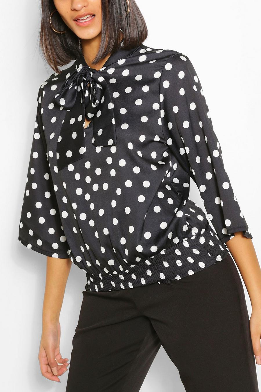 Black Satin Polka Dot Pussybow Blouse image number 1