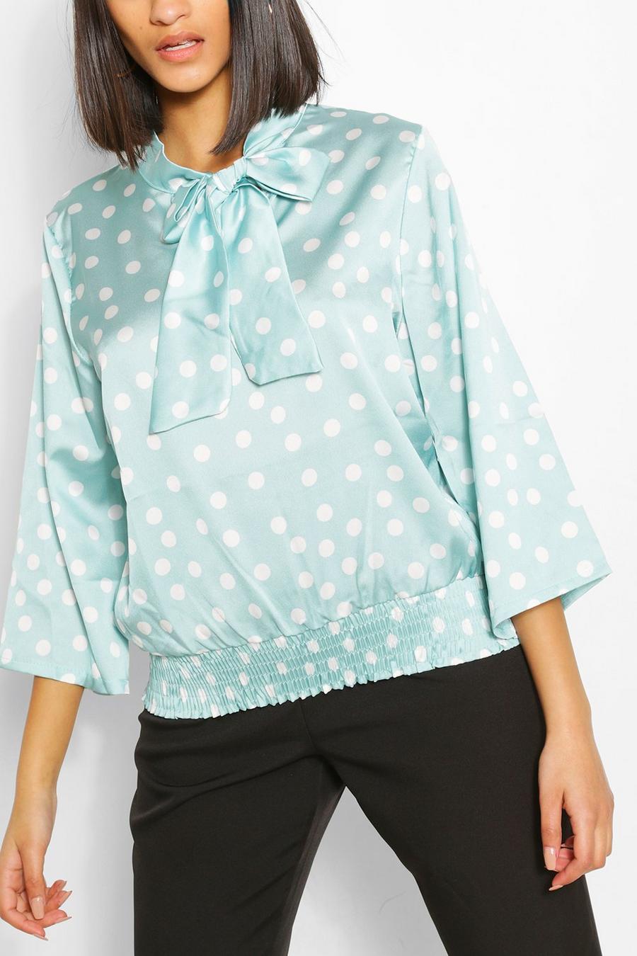 Mint Satin Polka Dot Pussybow Blouse image number 1