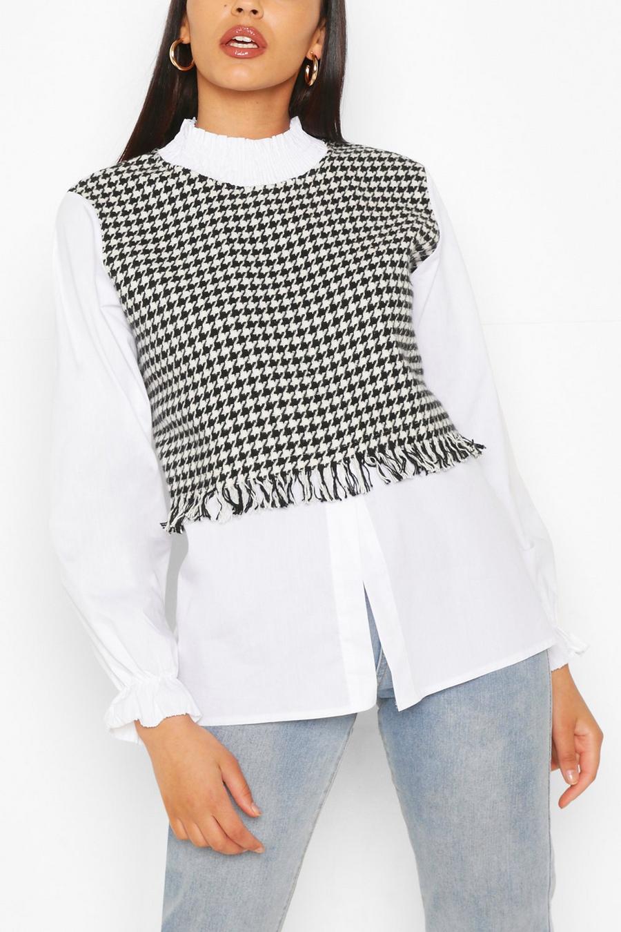 White Shirred Neck Dogtooth Layered Cotton Blouse image number 1