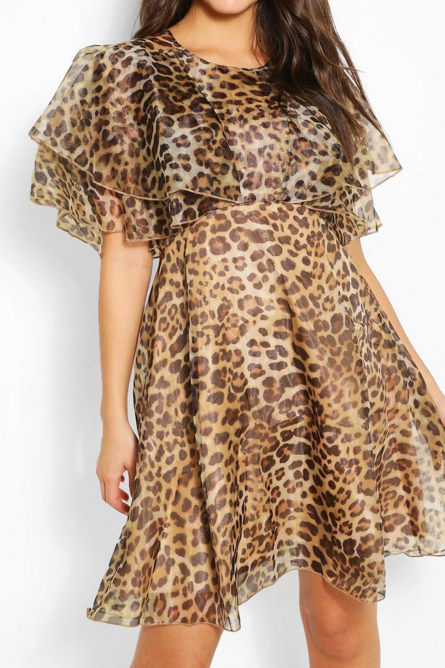 Gerüschtes Skater-Kleid aus Organza mit Leoparden-Print, Braun image number 1