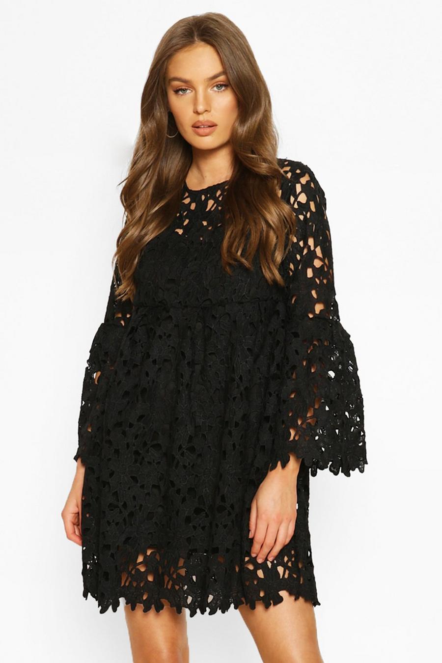 Black Heavy Lace Flare Sleeve Smock Dress image number 1