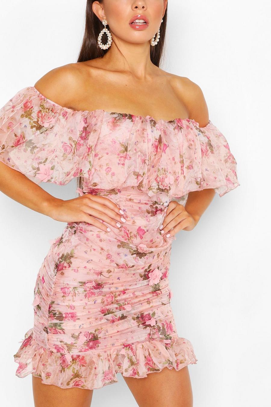 Pink Floral Chiffon Off The Shoulder Mini Dress image number 1